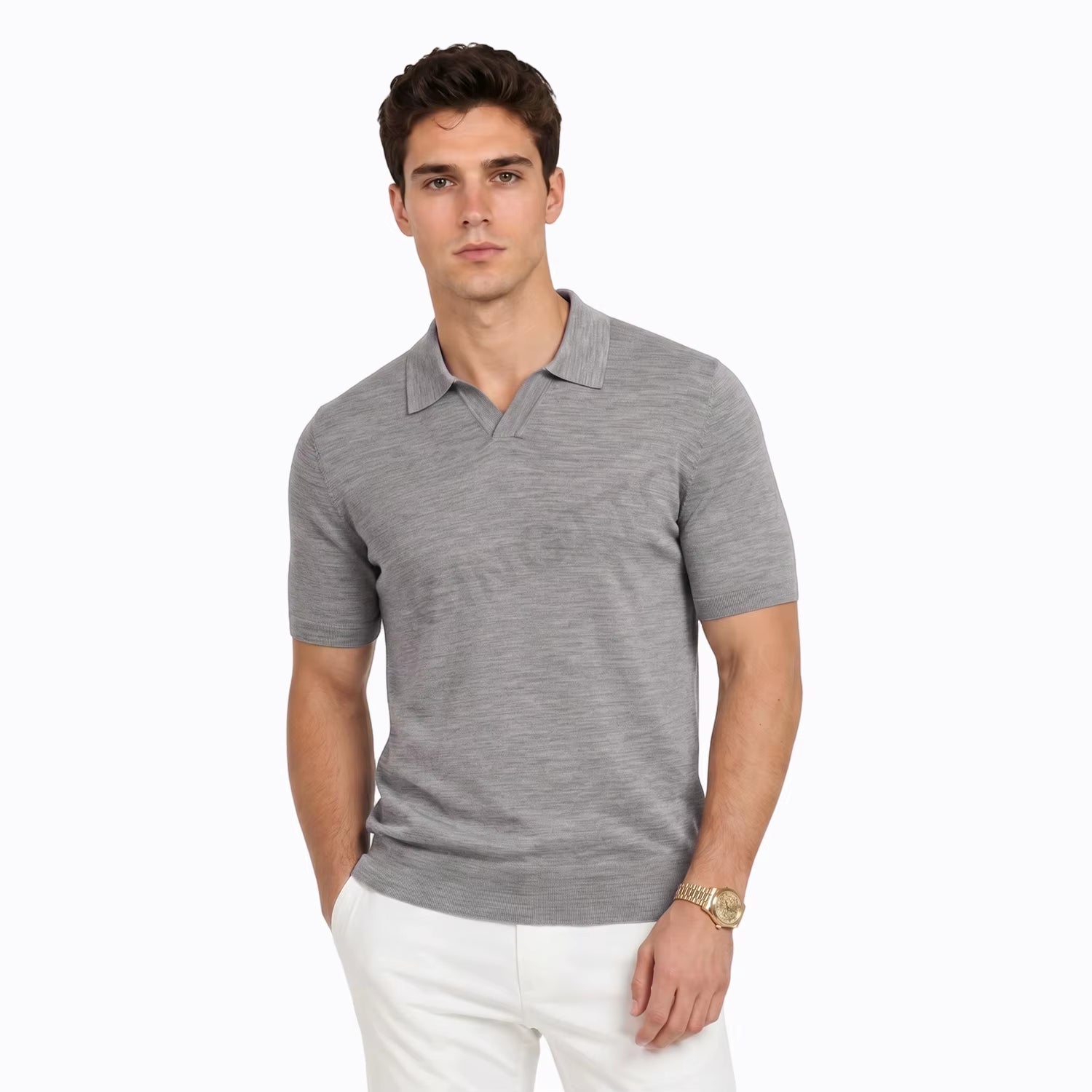 Short Sleeve Casual Slim Fit Top Johnny Collar Polo without Buttons Summer Polo Shirt Men