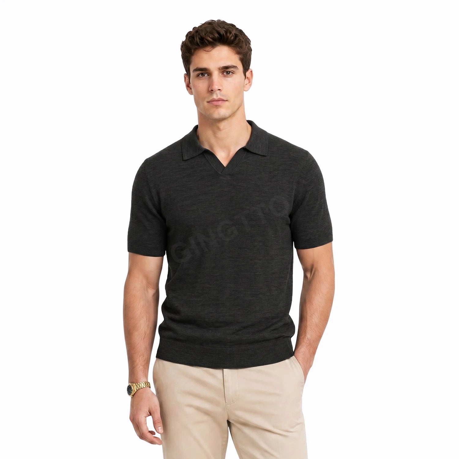 Gingtto Custom Logo Short Sleeve Summer Fashion Buttonless Johnny Collar Polo