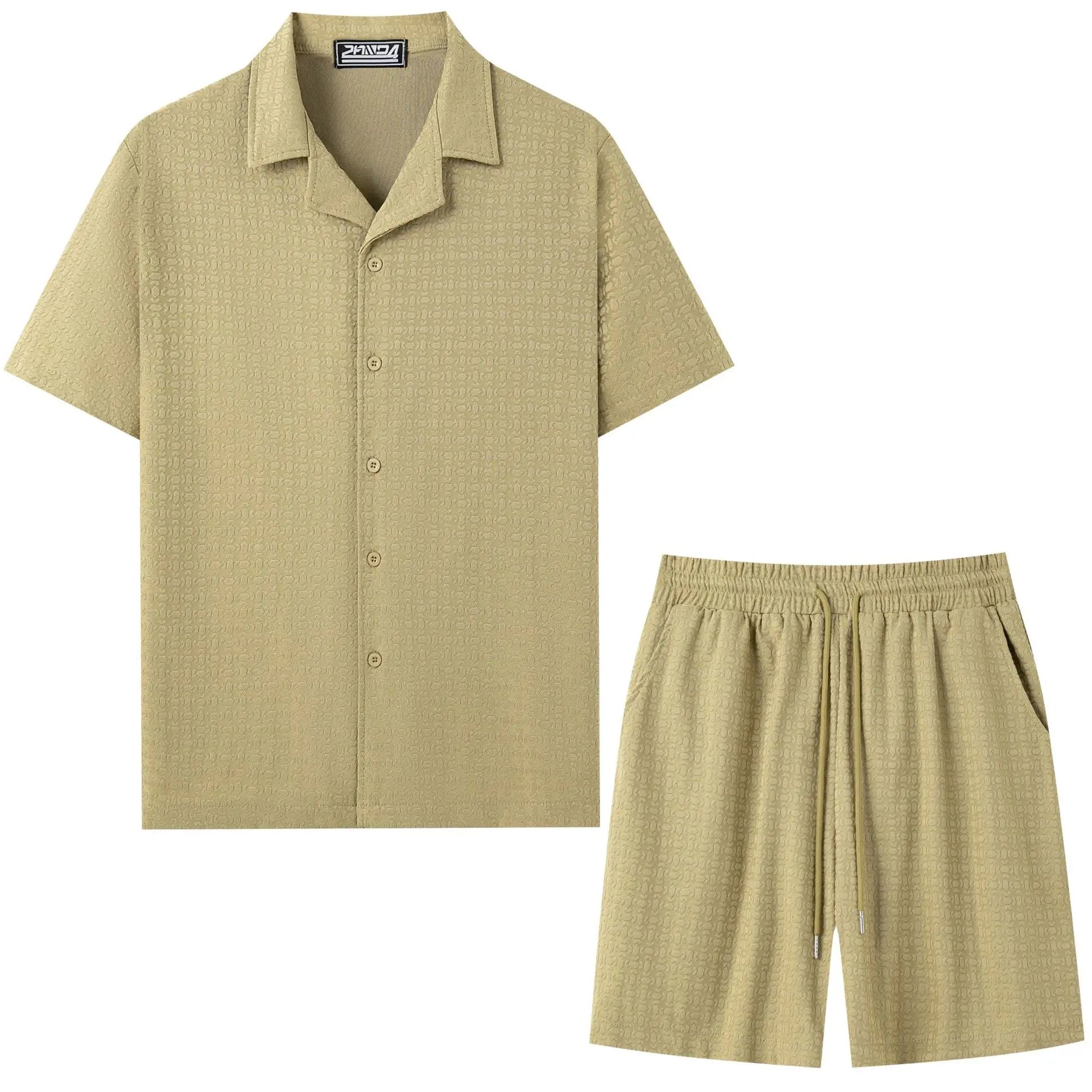 2026 Mens Spring/Summer Short-Sleeve Shirt Textured Rhinestone Casual Two-Piece Set