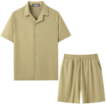 2026 Mens Spring/Summer Short-Sleeve Shirt Textured Rhinestone Casual Two-Piece Set