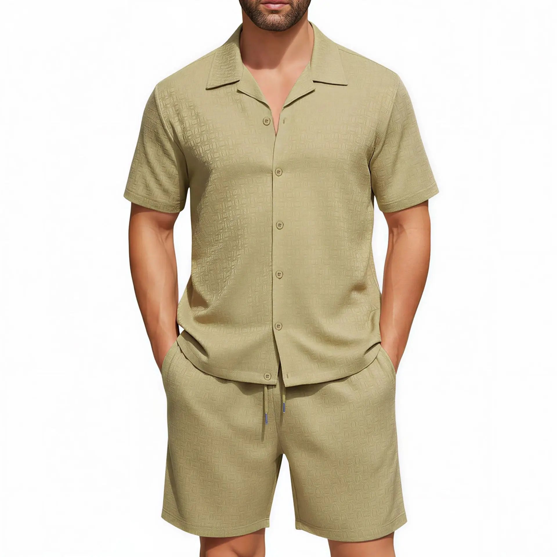 2026 Mens Spring/Summer Short-Sleeve Shirt Textured Rhinestone Casual Two-Piece Set