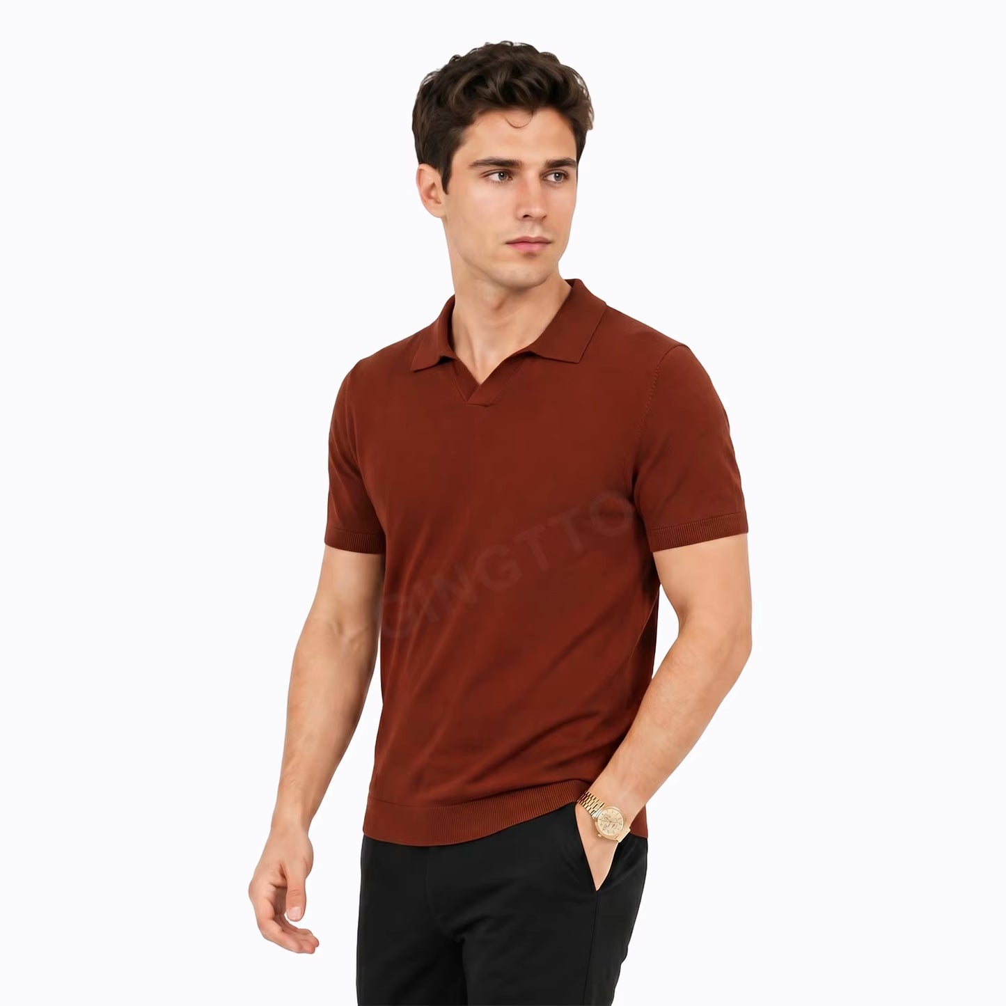 Short Sleeve Casual Slim Fit Top Johnny Collar Polo without Buttons Summer Polo Shirt Men